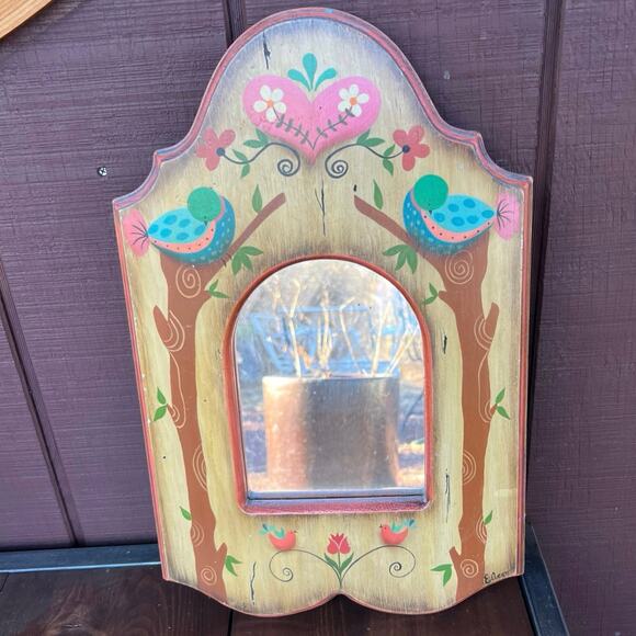 Retro Cottage Style Wood Framed Wall Mirror Hand Painted Bluebirds Folk Art - Picture 2 of 9